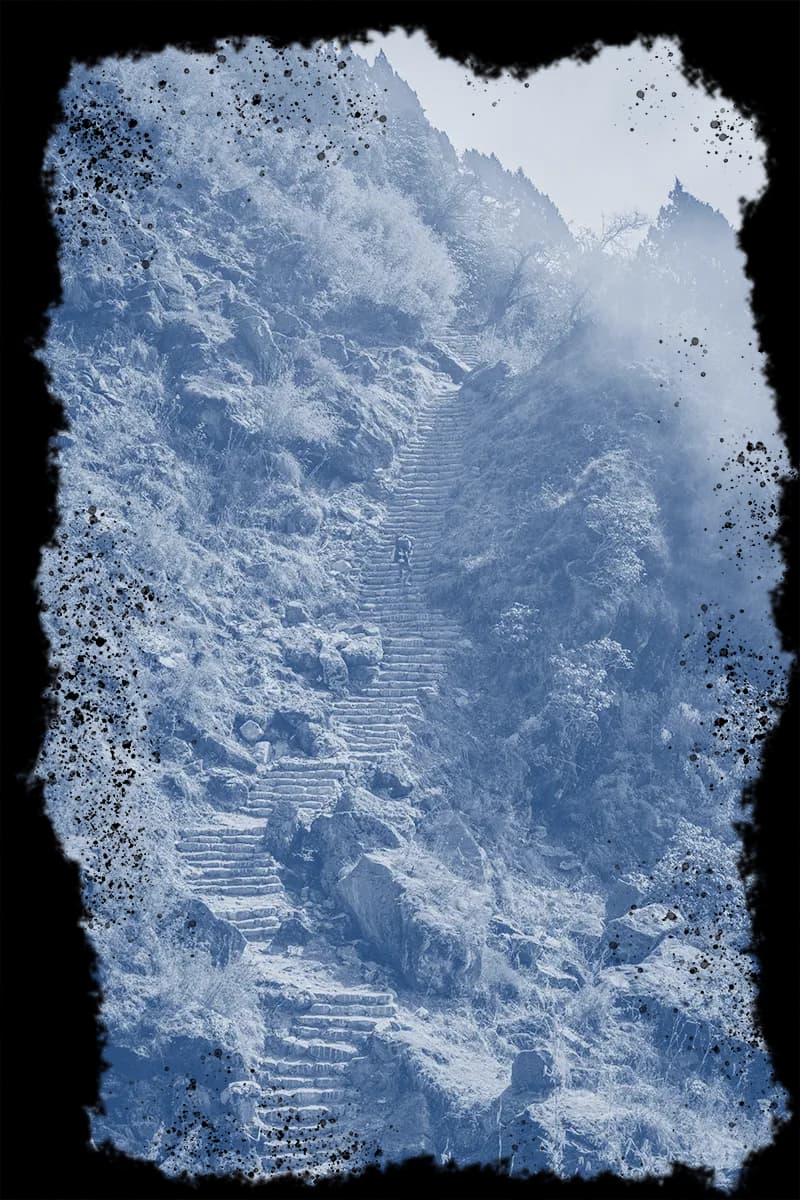 A misty mountain stairway