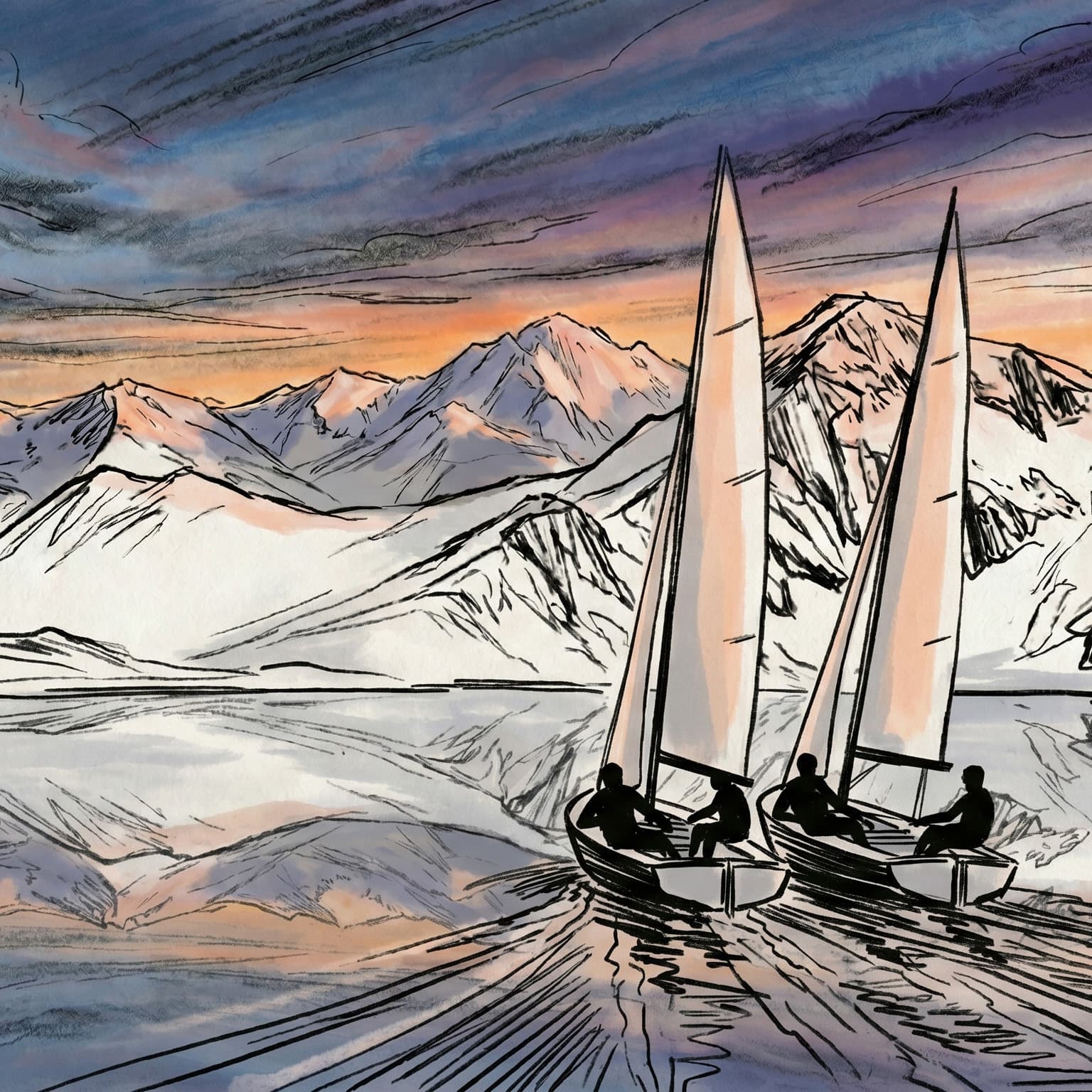 Illustration of sailors in the Himalayan mountains